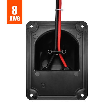 RS-G05 cable entry plate showing the 8AWG red and black leads