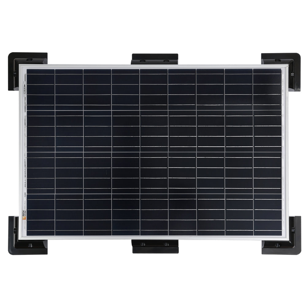 Corner bracket gripping the frame of a rigid solar panel