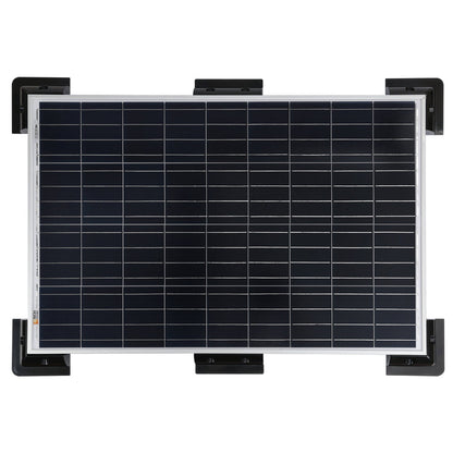 Corner bracket gripping the frame of a rigid solar panel