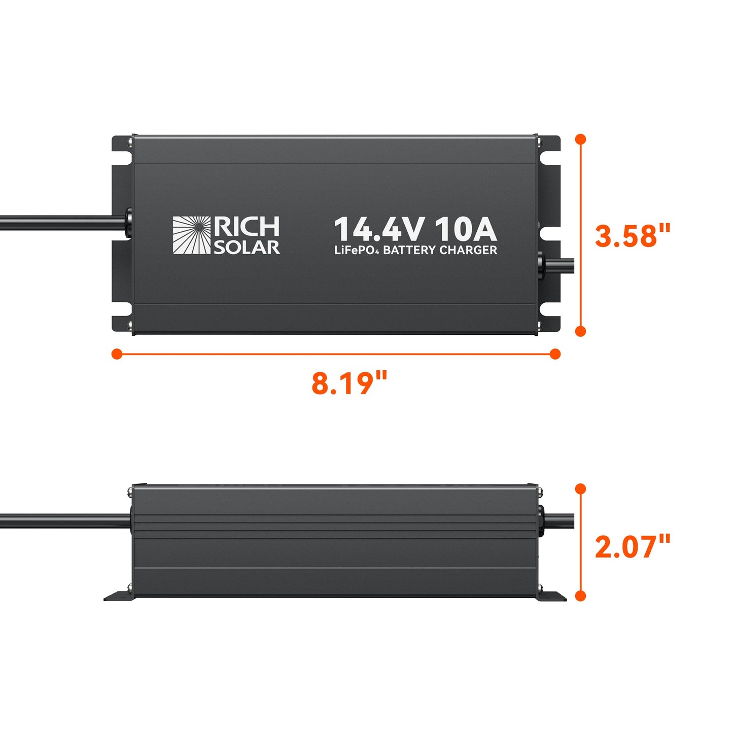 10A lithium charger shown at an angle with the sealed aluminium case