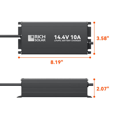 10A lithium charger shown at an angle with the sealed aluminium case
