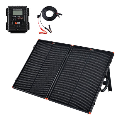MEGA 100 portable briefcase solar charging kit, front view unfolded