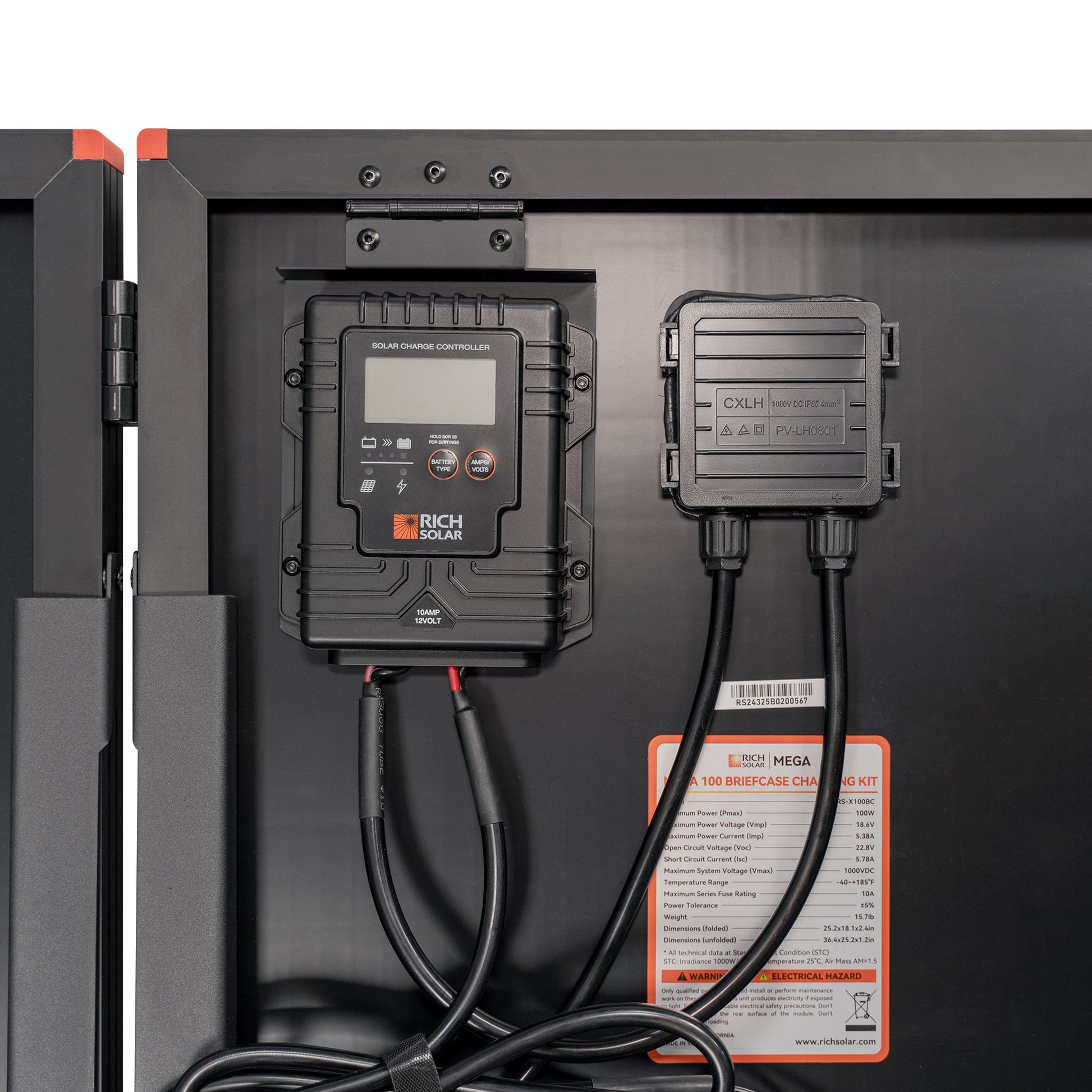 Close view of the charge controller and battery leads