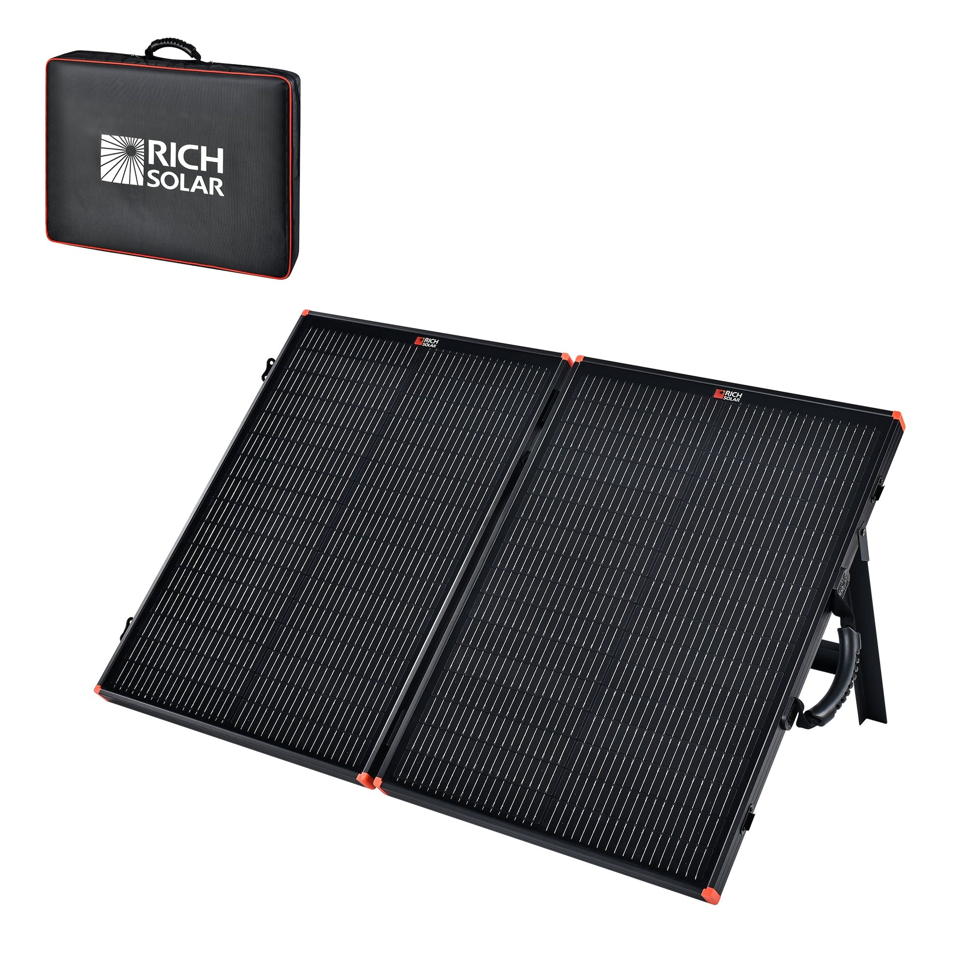 MEGA 100 portable briefcase solar panel, front view unfolded