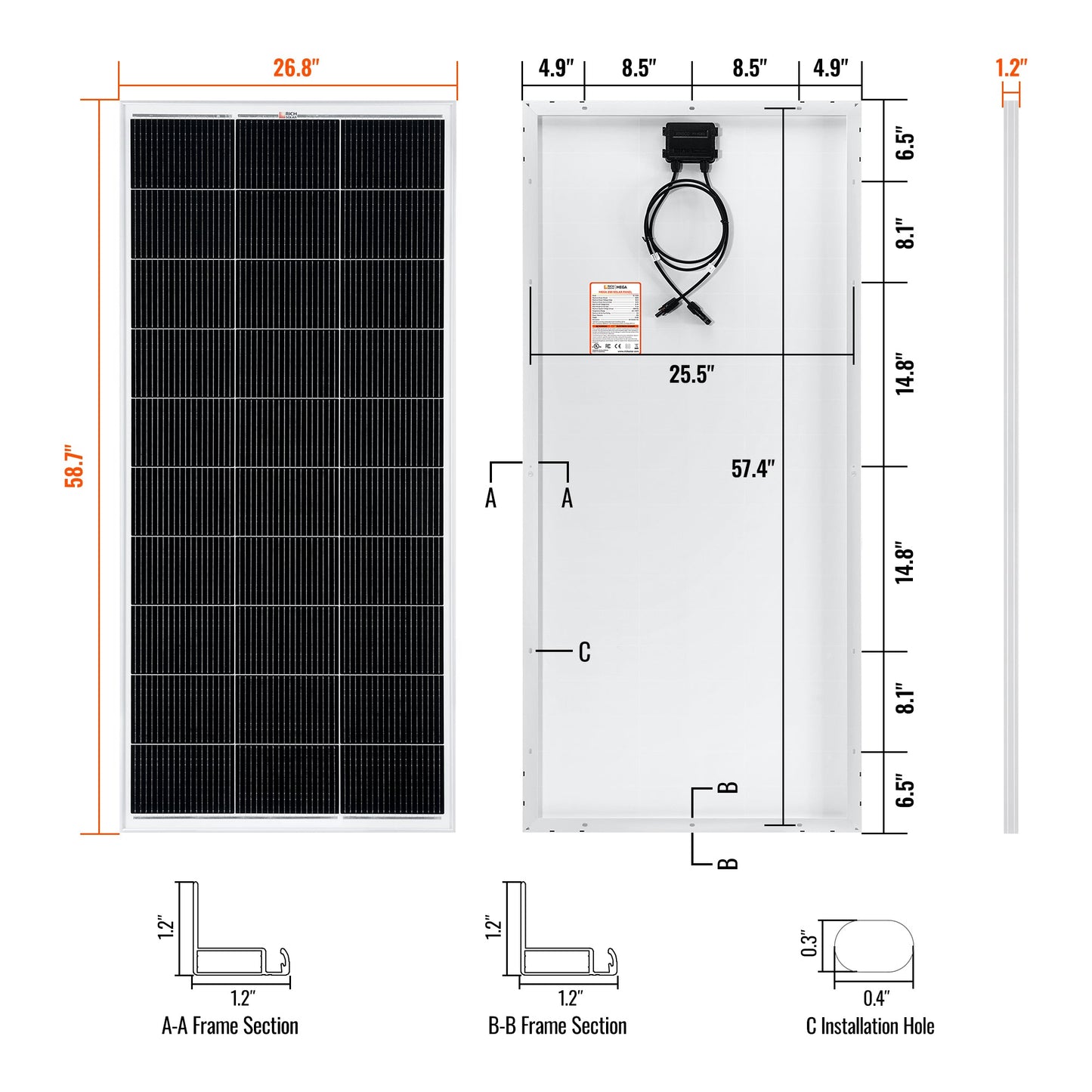 MEGA 200 200 Watt Solar Panel angled view