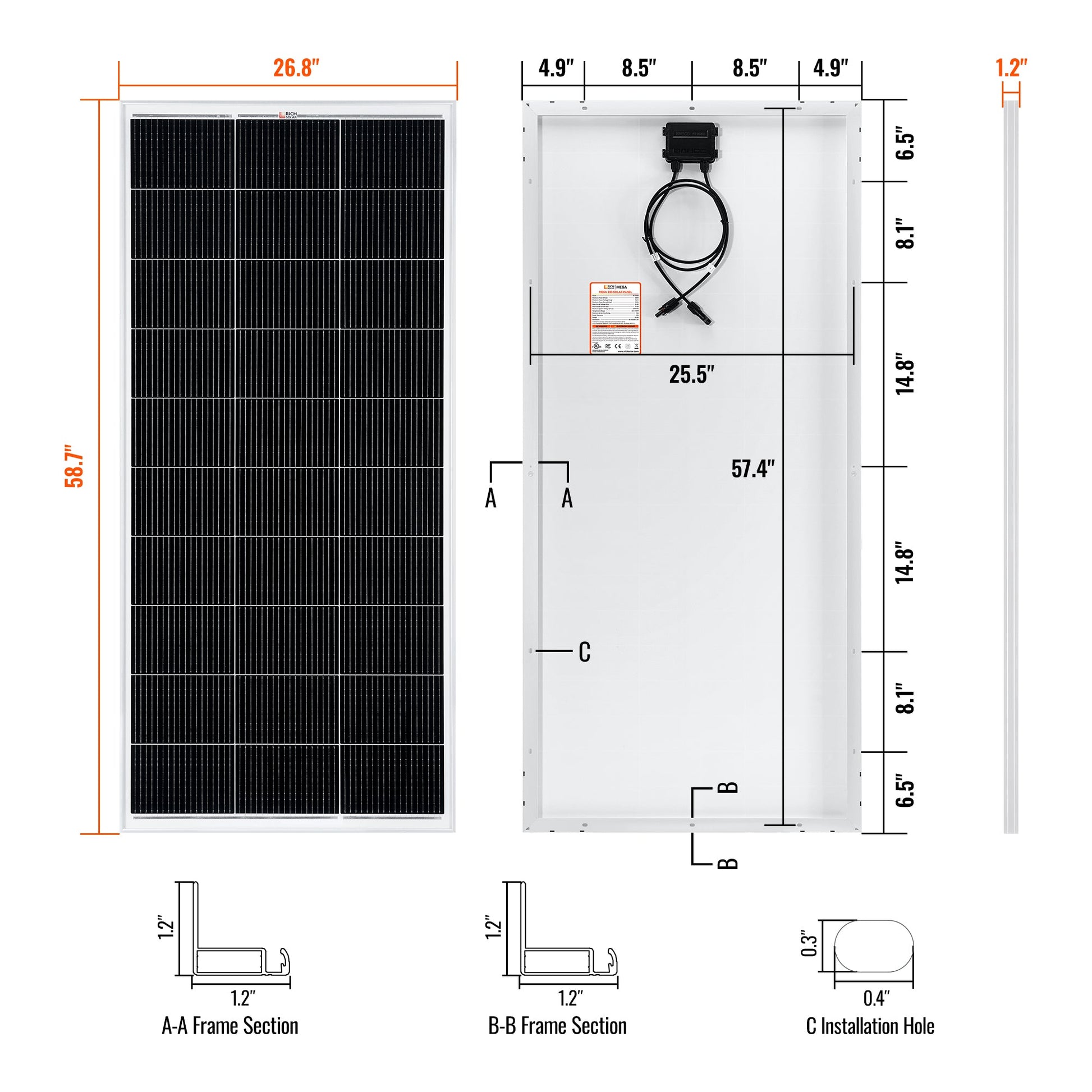 MEGA 200 200 Watt Solar Panel angled view