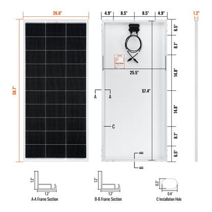 MEGA 200 200 Watt Solar Panel angled view