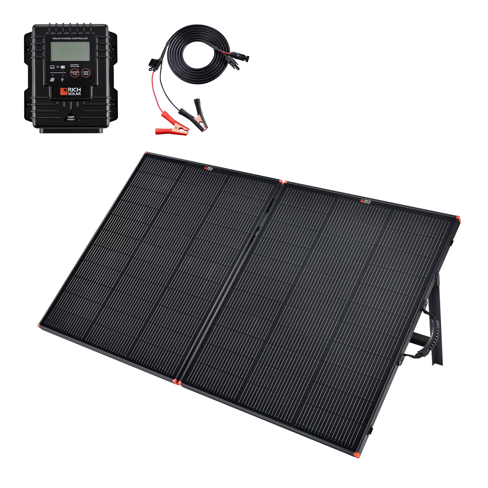 MEGA 200 portable briefcase solar charging kit, front view unfolded