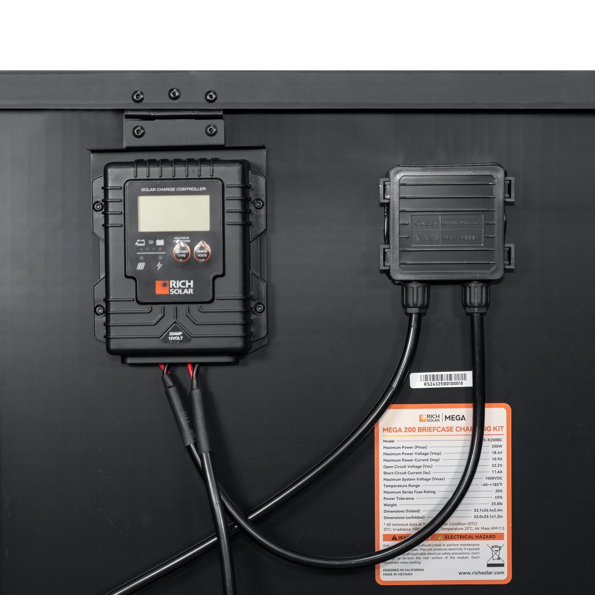 Close view of the charge controller terminals and battery leads