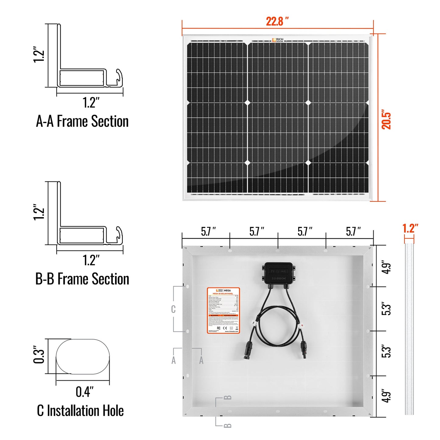 MEGA 50 50 Watt Solar Panel detail