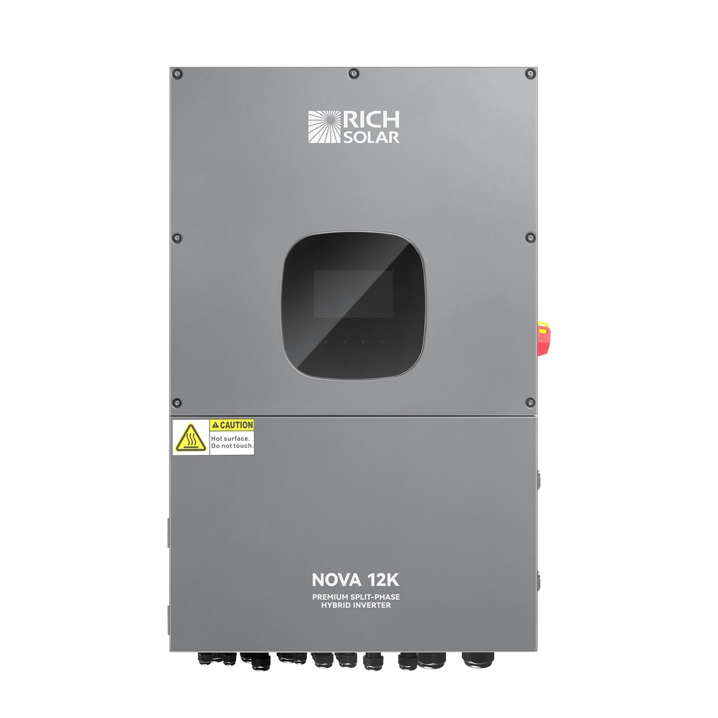 Rich Solar NOVA 12K split phase hybrid inverter, front view with LCD display