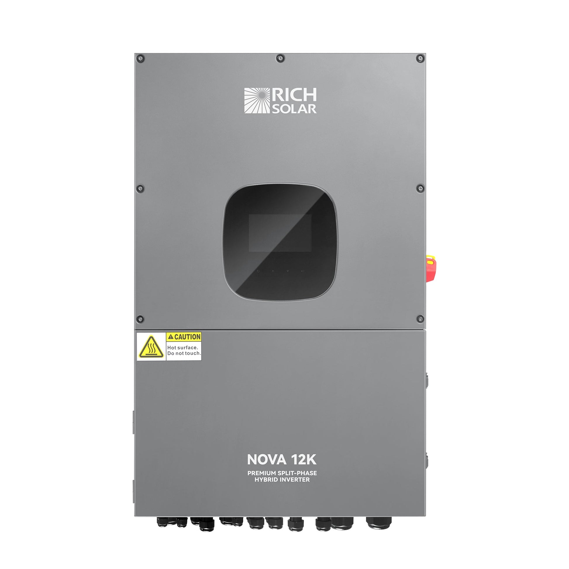 Rich Solar NOVA 12K split phase hybrid inverter, front view with LCD display
