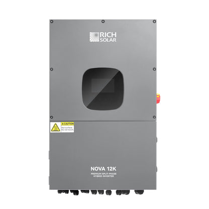 Rich Solar NOVA 12K split phase hybrid inverter, front view with LCD display
