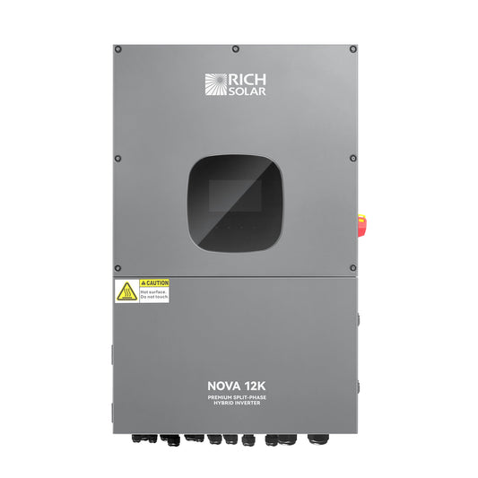 Rich Solar NOVA 12K split phase hybrid inverter, front view with LCD display