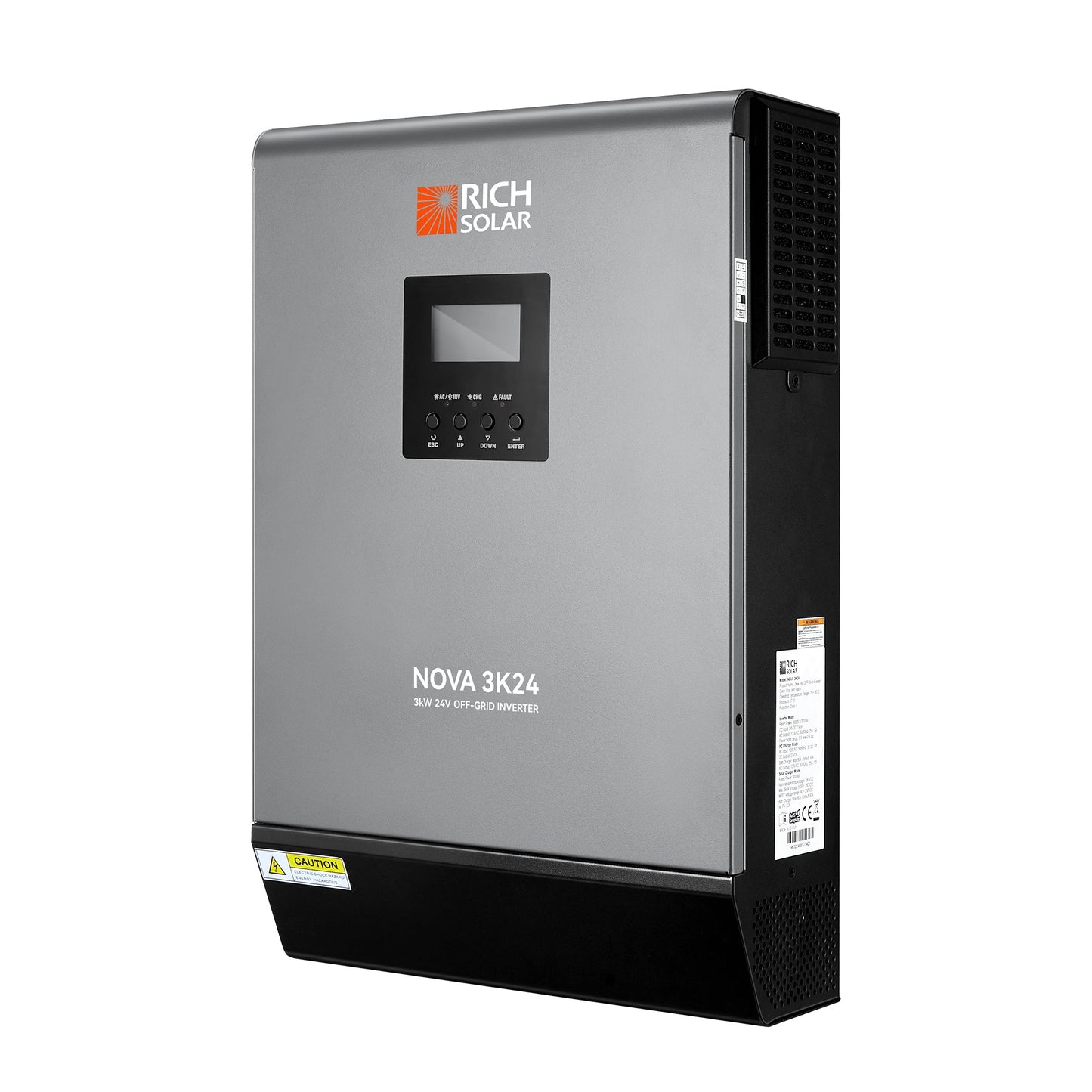 NOVA MAX 3K 3000W 24V off-grid hybrid inverter, front view with LCD display