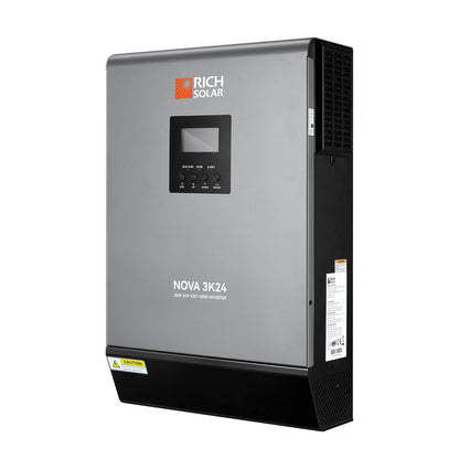 NOVA MAX 3K 3000W 24V off-grid hybrid inverter, front view with LCD display