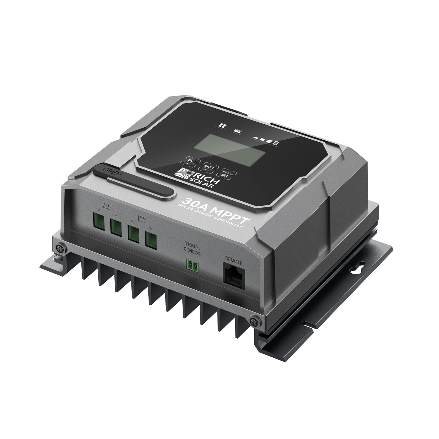 BRAVO 30 30 amp MPPT solar charge controller, front view with LCD display