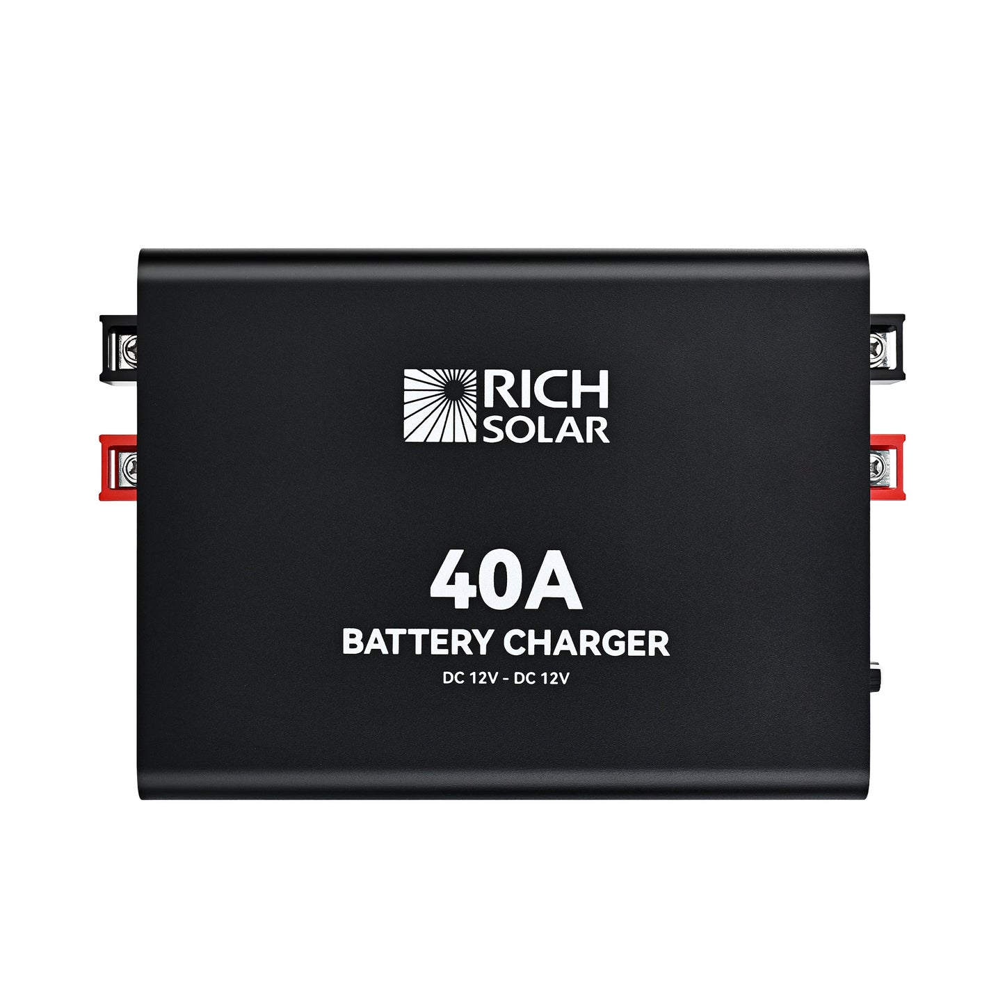 40A DC-DC charger shown at an angle with finned heatsink case