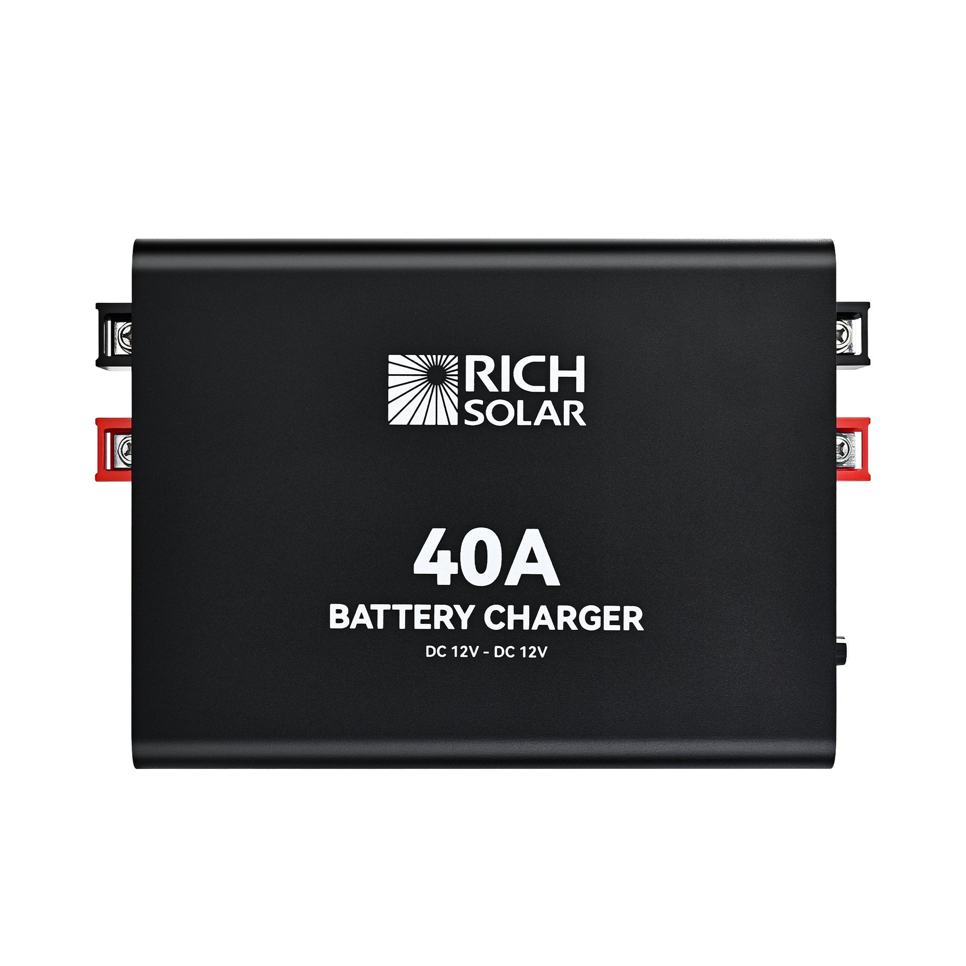 40A DC-DC charger shown at an angle with finned heatsink case