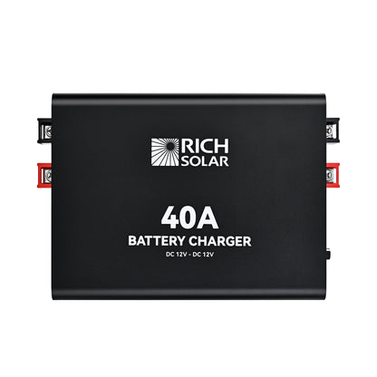 40A DC-DC charger shown at an angle with finned heatsink case