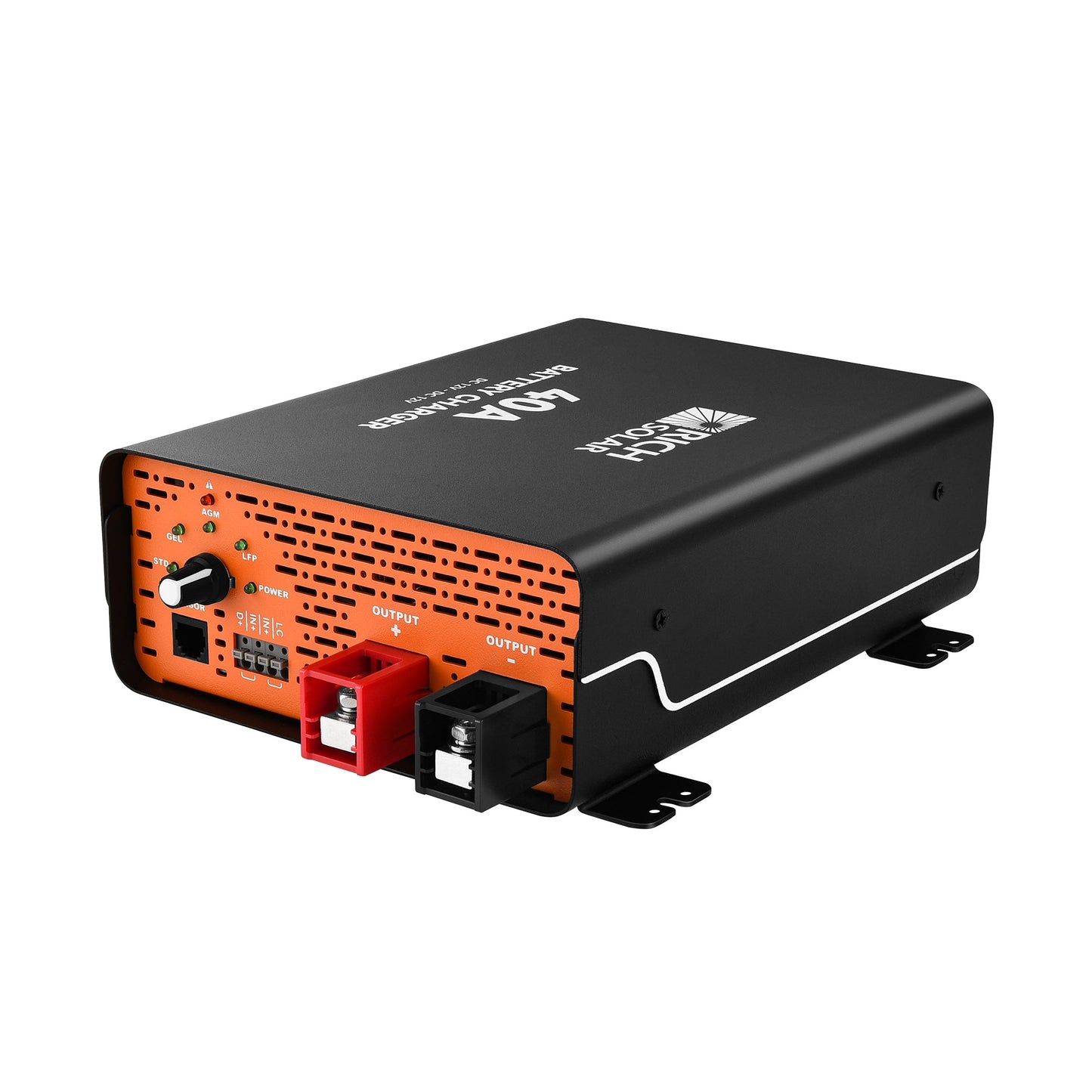 D plus ignition, LC low current and RJ11 sensor ports on the 40A charger