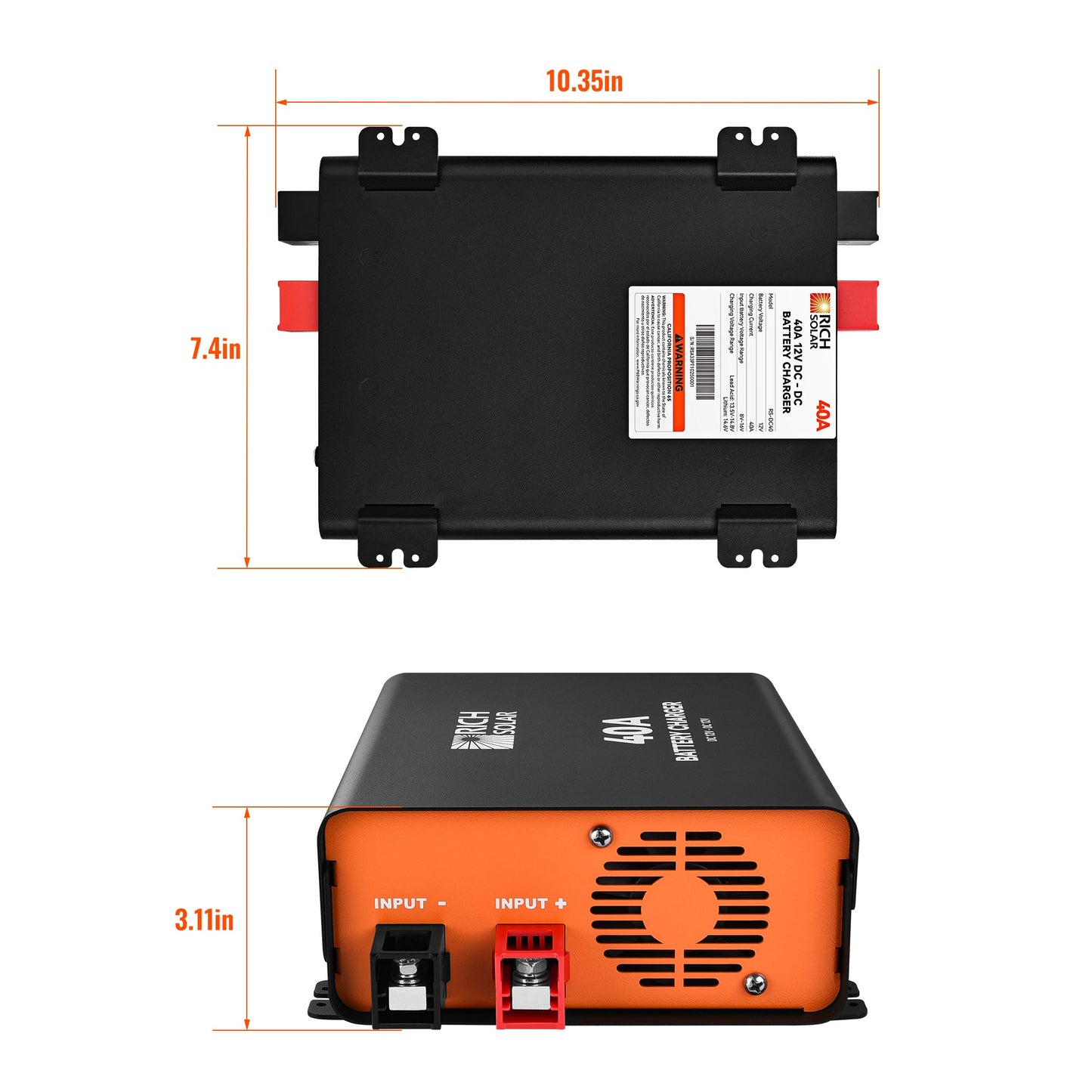 RS-DC40 charger shown with its specification label