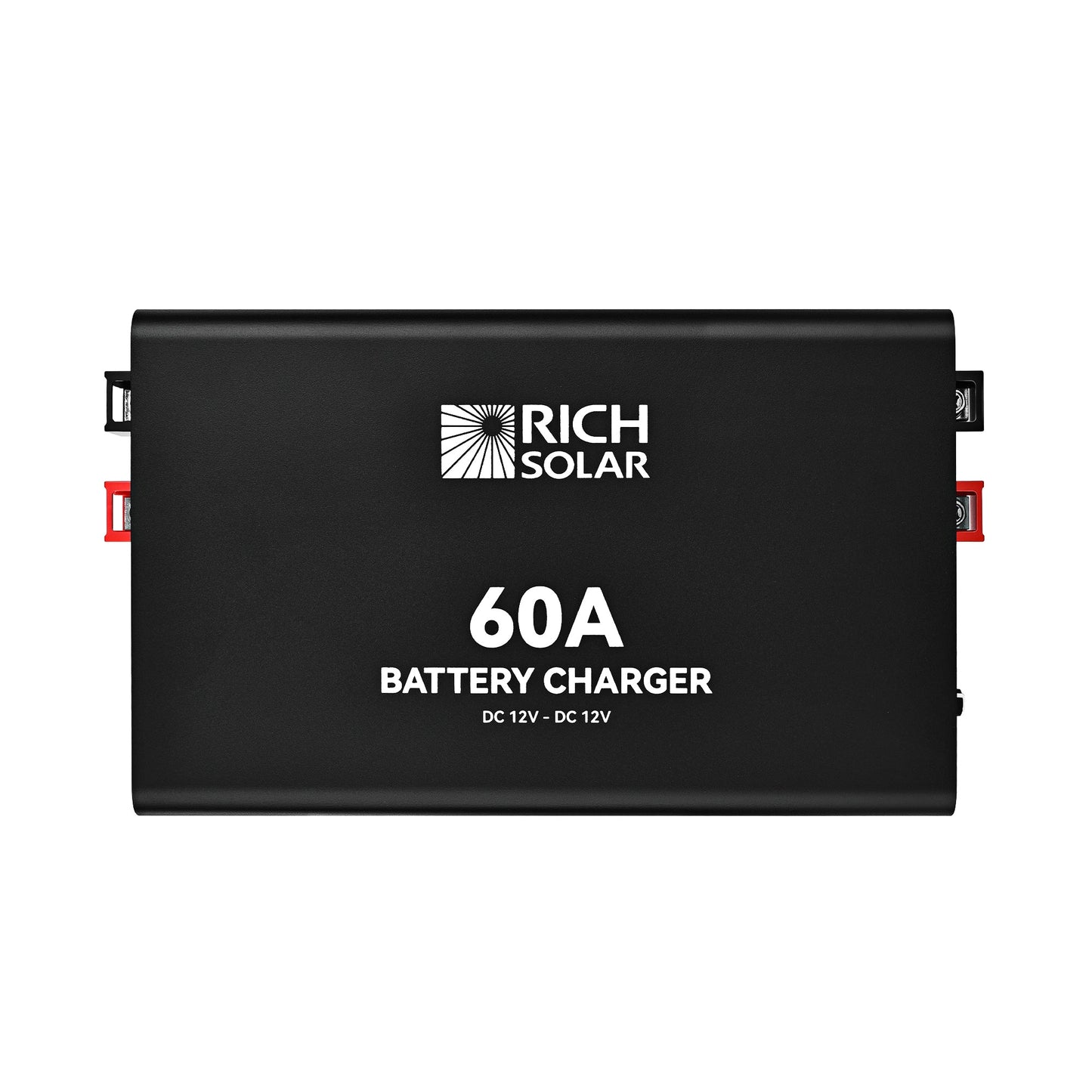 60A DC-DC charger shown at an angle with finned heatsink case