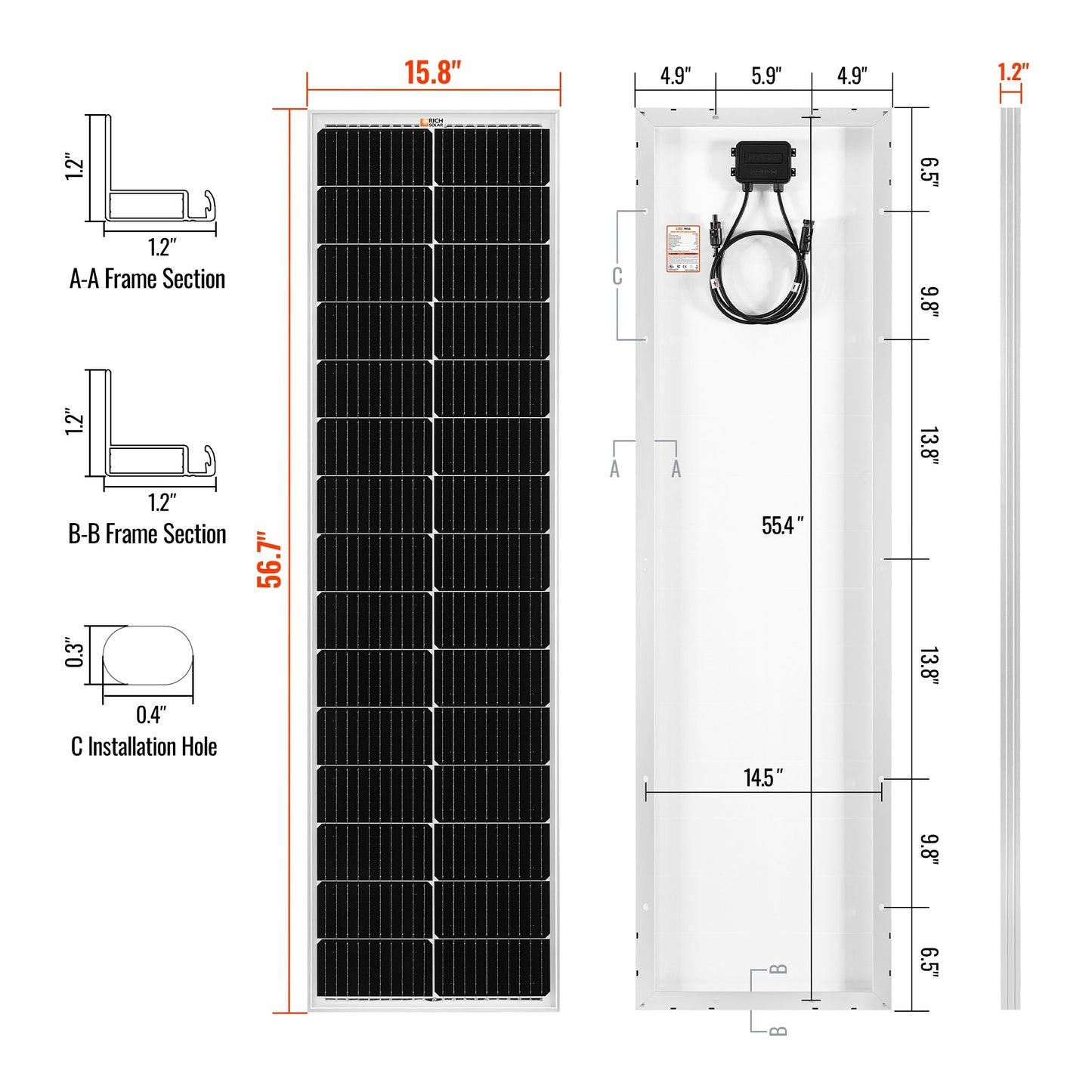 Narrow 100 watt slim panel shown at an angle