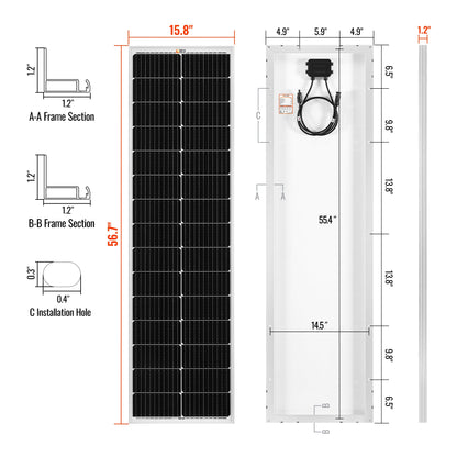 Narrow 100 watt slim panel shown at an angle