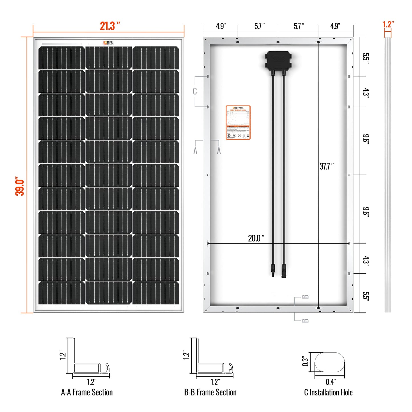 MEGA 100 100 Watt Solar Panel angled view