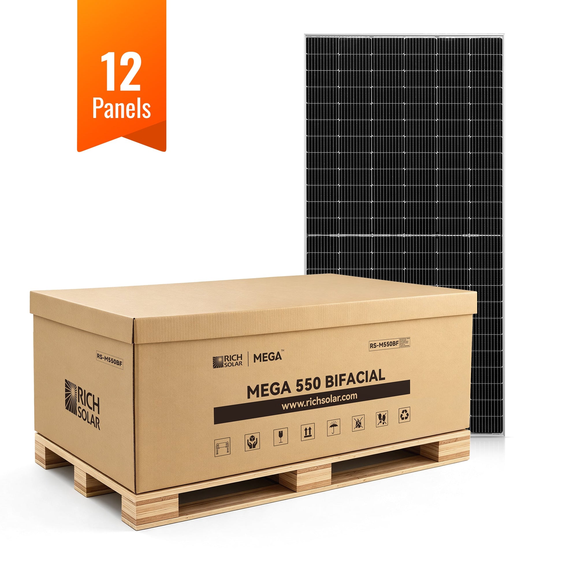 Pallet of 12 MEGA 550 bifacial solar panels