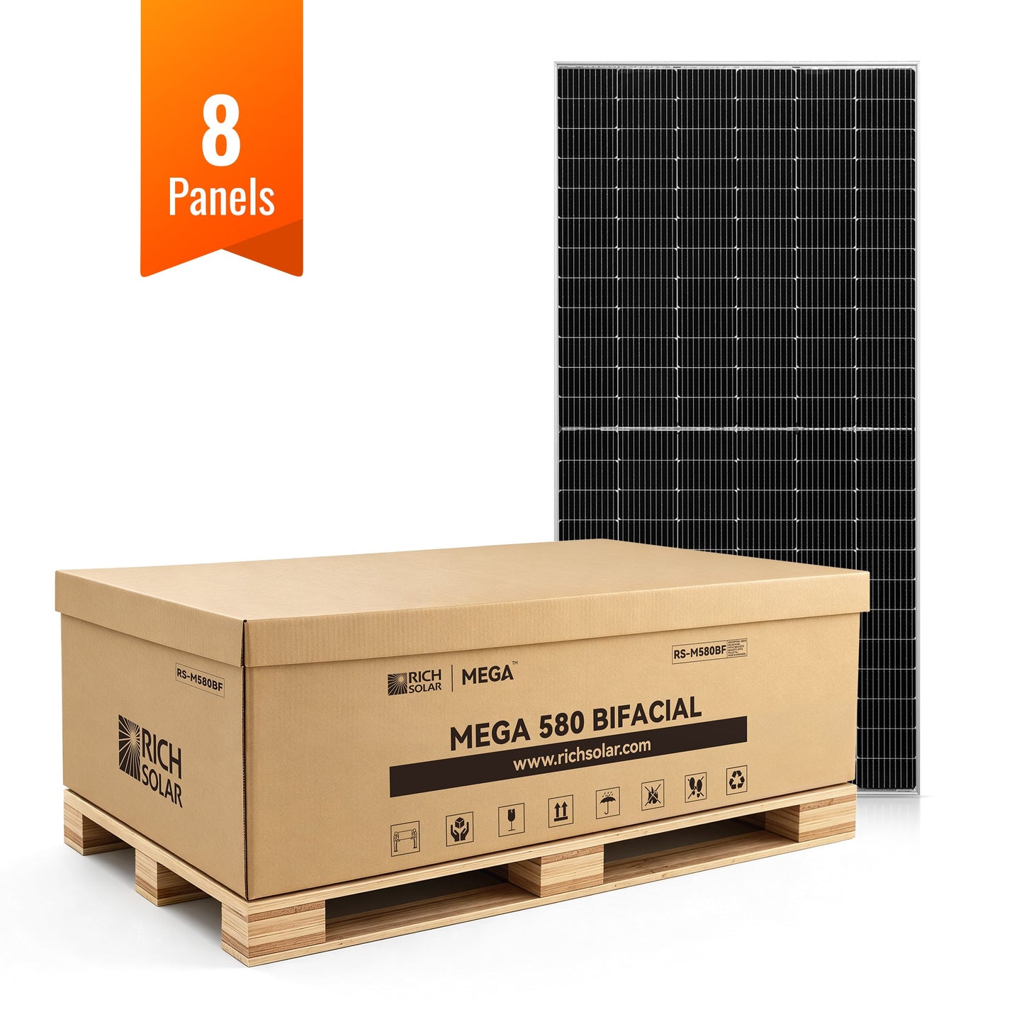 Pallet of 8 MEGA 580 bifacial solar panels
