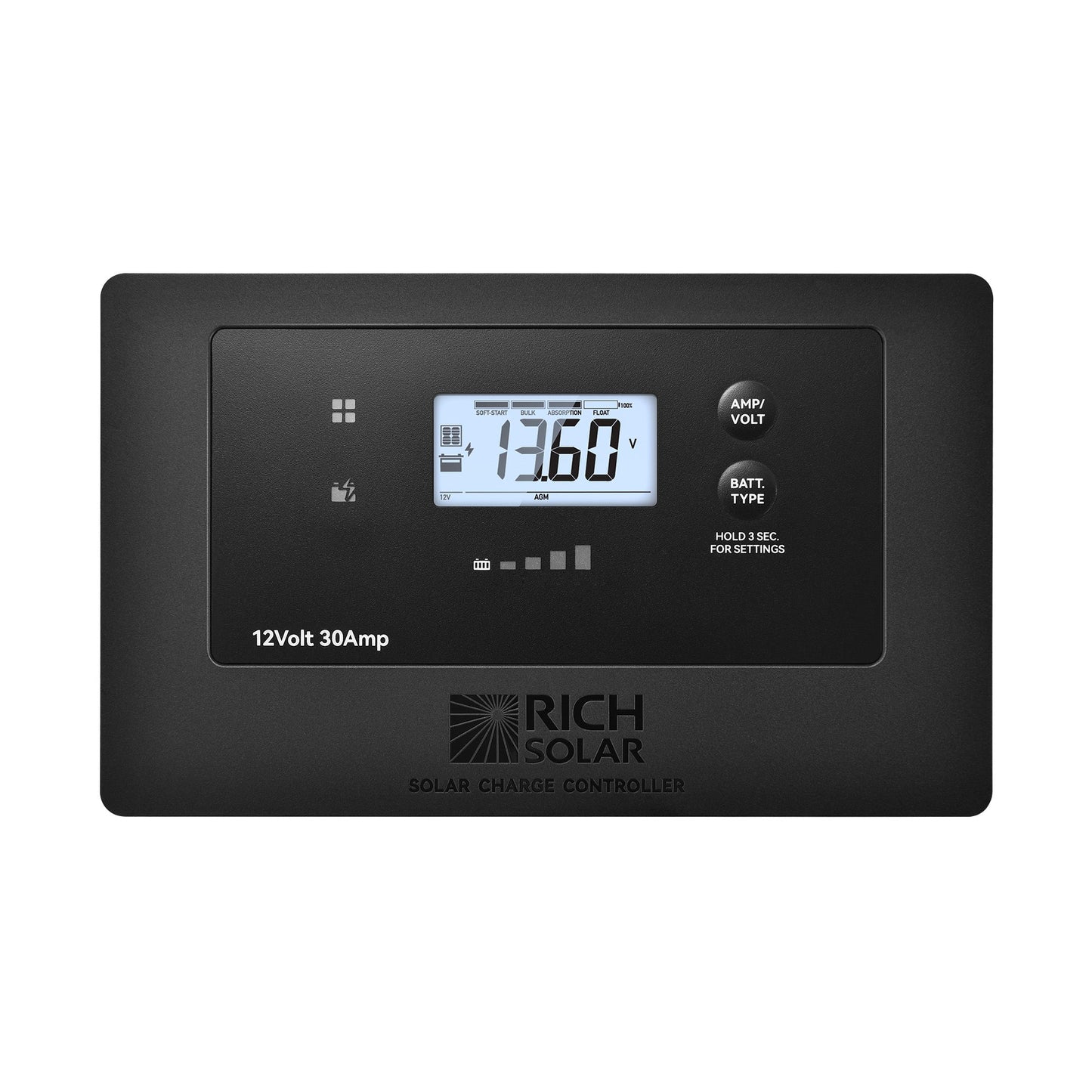RICH SOLAR BRAVO AIR 30 flush mount 30 amp PWM solar charge controller, front view