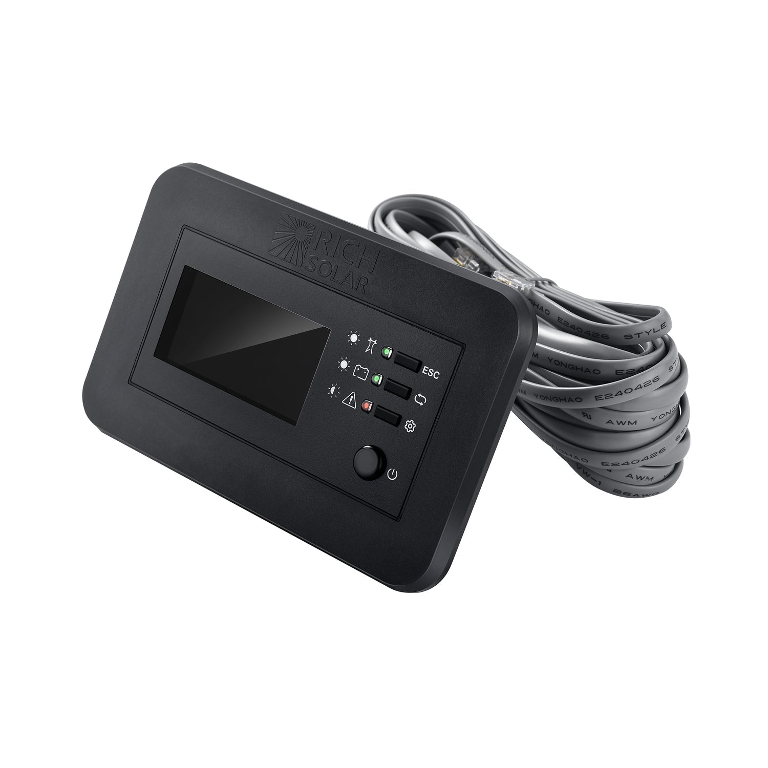 RS-RM02 remote LCD showing voltage and load readout
