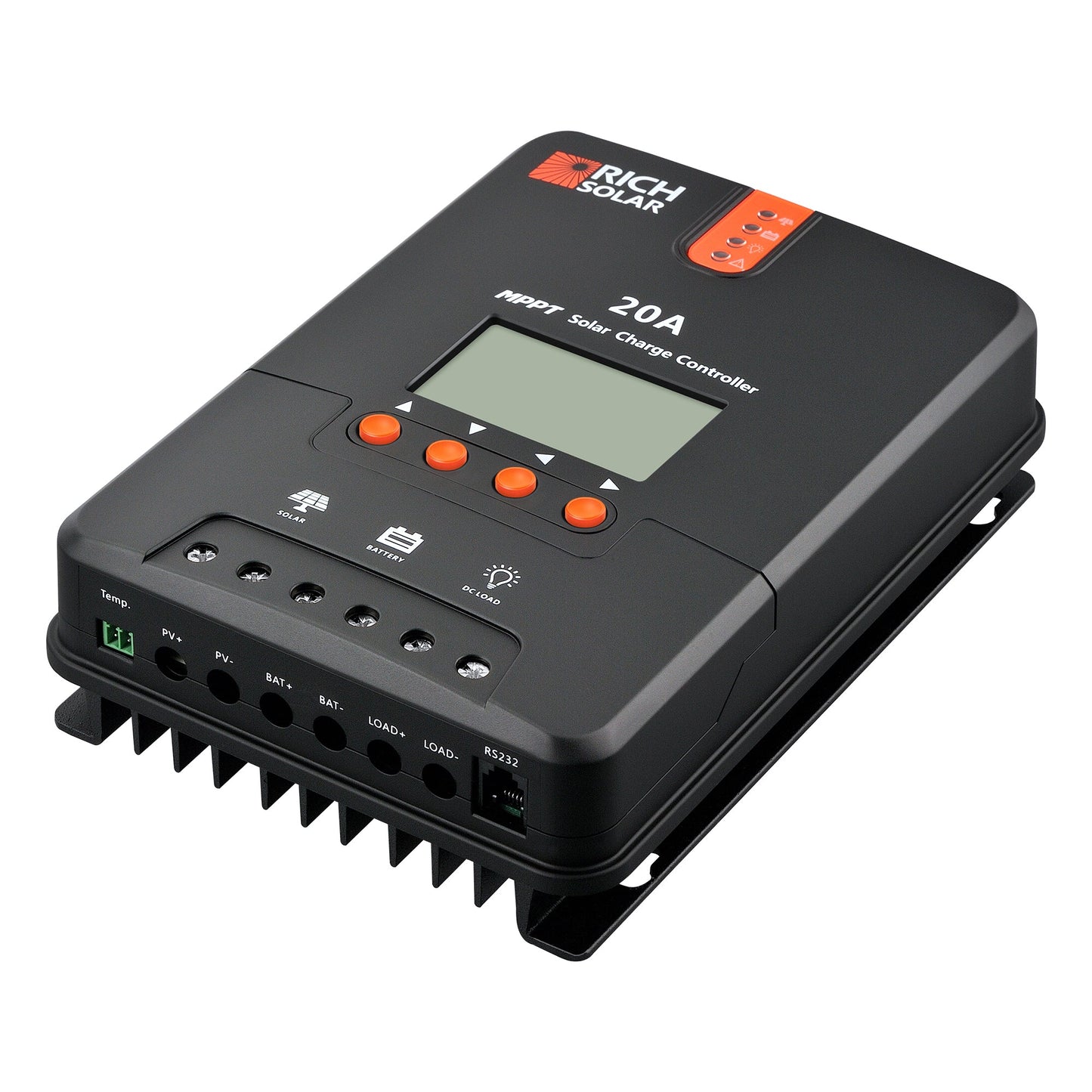 RICH SOLAR 20 amp MPPT solar charge controller, front view showing the LCD screen and button panel