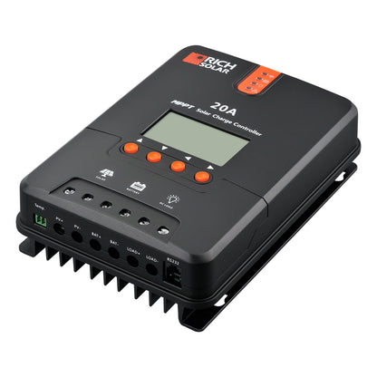 RICH SOLAR 20 amp MPPT solar charge controller, front view showing the LCD screen and button panel
