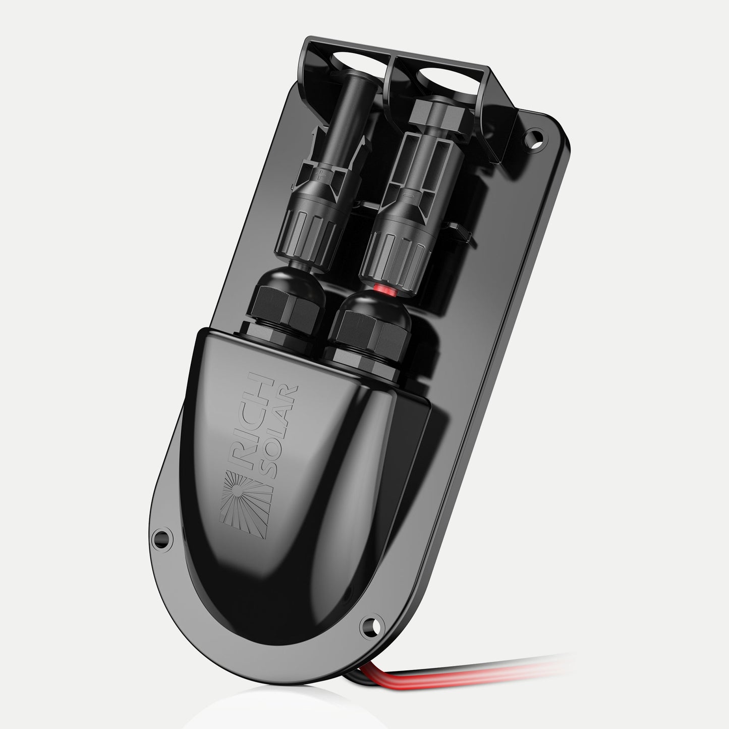 RS-G02 cable entry plate showing the 10AWG red and black leads
