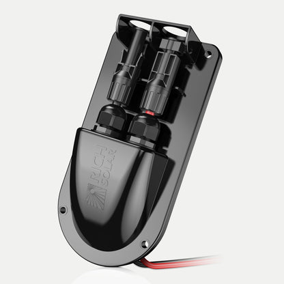 RS-G02 cable entry plate showing the 10AWG red and black leads