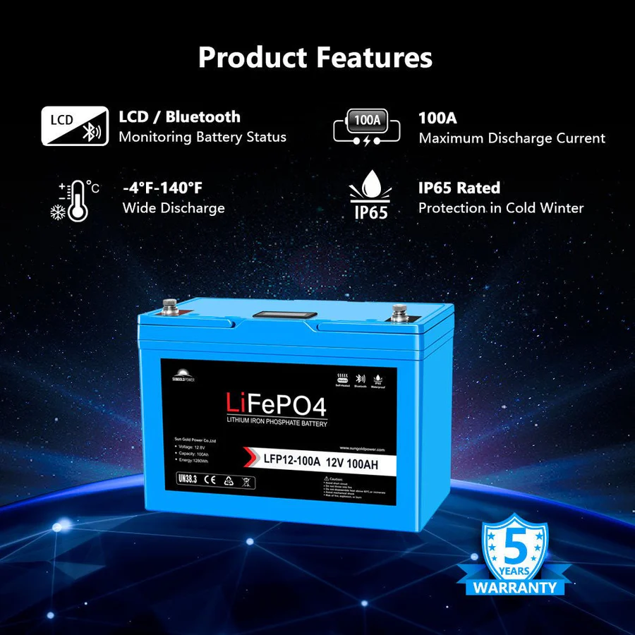 12V 100AH LiFePO4 Deep Cycle Lithium Battery - Bluetooth / Self-Heating / IP65