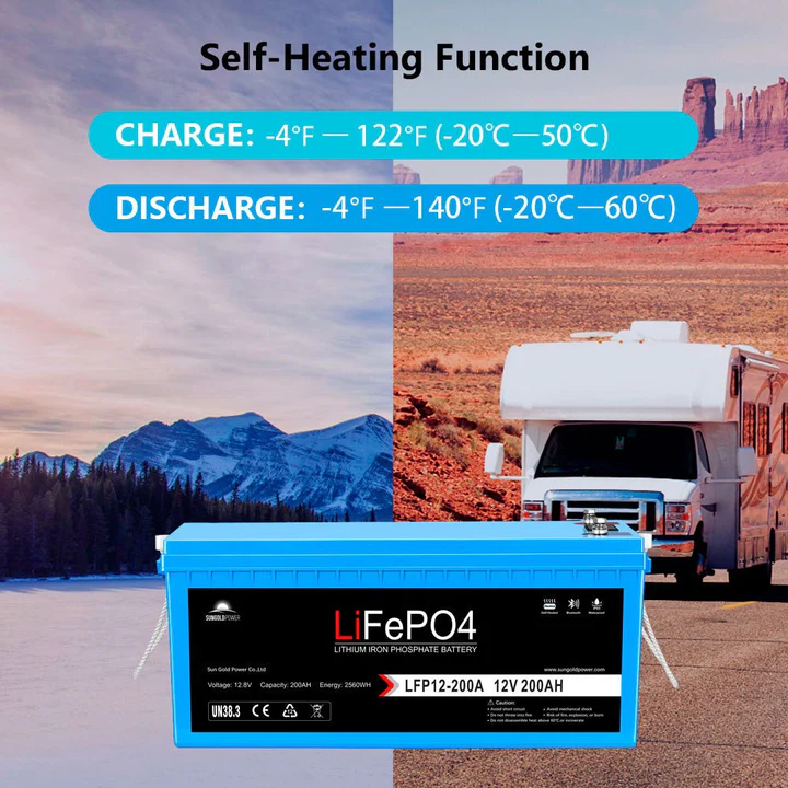12V 200AH LiFePO4 Deep Cycle Lithium Battery - Bluetooth / Self-Heating / IP65