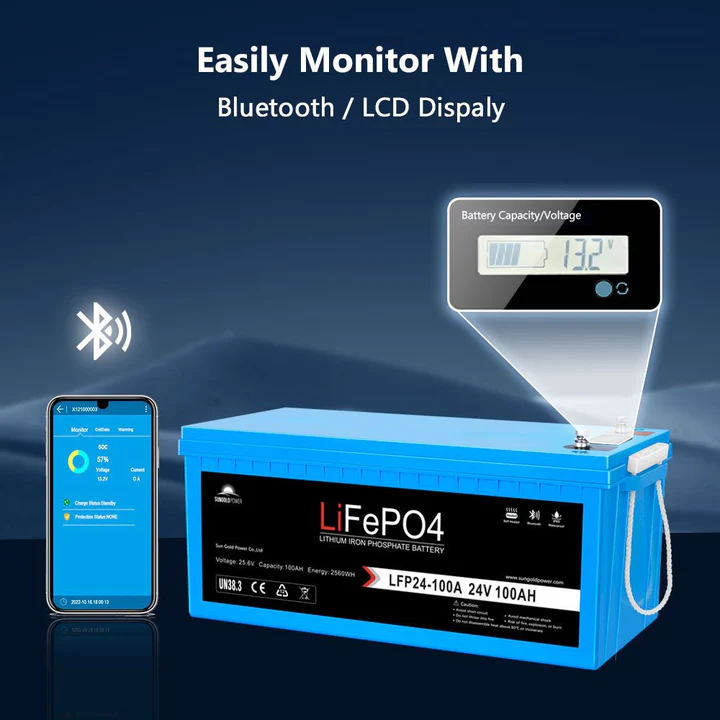 24V 100AH LiFePO4 Deep Cycle Lithium Battery - Bluetooth / Self-Heating / IP65