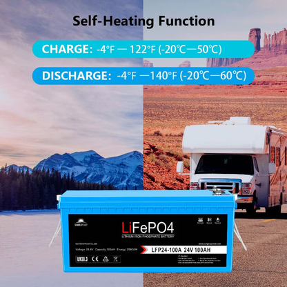 24V 100AH LiFePO4 Deep Cycle Lithium Battery - Bluetooth / Self-Heating / IP65