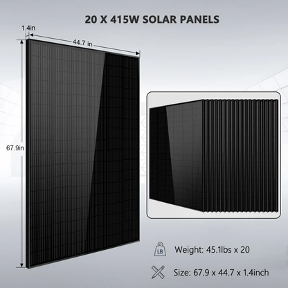 Off-Grid Solar Kit 18000W 48VDC 120V/240V LiFePO4 30.72KWH Lithium Battery 20 x 415 Watts Solar Panels SGR-18K20E
