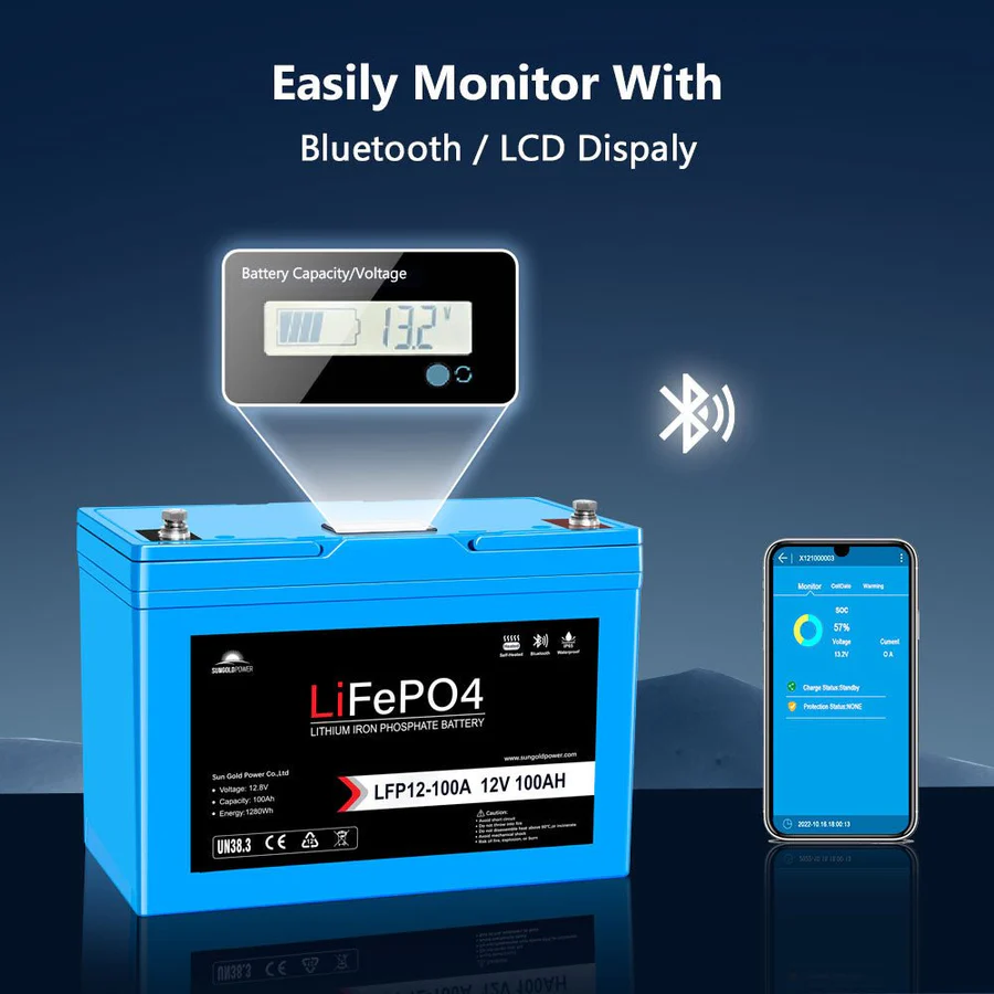 12V 100AH LiFePO4 Deep Cycle Lithium Battery - Bluetooth / Self-Heating / IP65