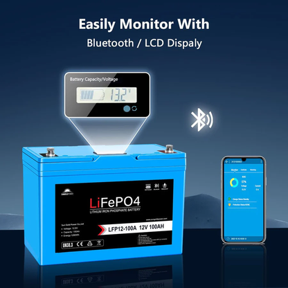 12V 100AH LiFePO4 Deep Cycle Lithium Battery - Bluetooth / Self-Heating / IP65