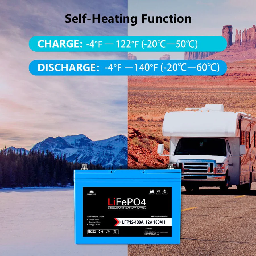 12V 100AH LiFePO4 Deep Cycle Lithium Battery - Bluetooth / Self-Heating / IP65