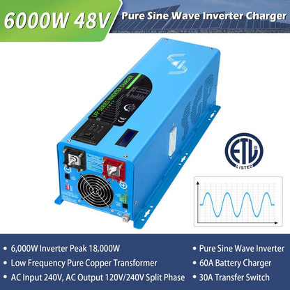 Off Grid Solar Kit 6000W 48VDC 120V/240V LiFePO4 10.24KWH Lithium Battery 6 x 370 Watt Solar Panels SGK-PRO64