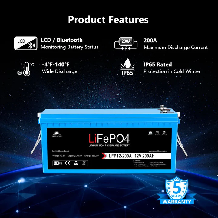 12V 200AH LiFePO4 Deep Cycle Lithium Battery - Bluetooth / Self-Heating / IP65