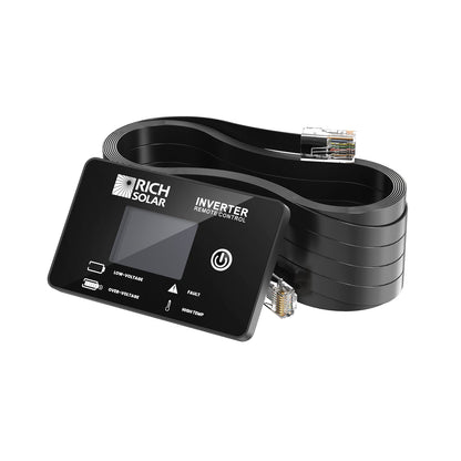RS-RM01 remote LCD showing inverter voltage and output power